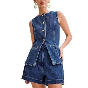 Blue Denim Sleeveless Vest Set with Gold Buttons and Matching Shorts